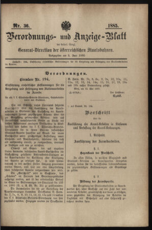 Verordnungs- und Anzeige-Blatt der k.k. General-Direction der österr. Staatsbahnen 18850603 Seite: 1