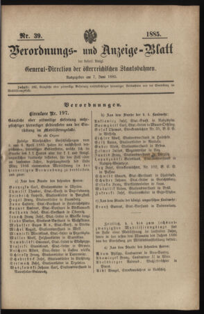 Verordnungs- und Anzeige-Blatt der k.k. General-Direction der österr. Staatsbahnen 18850607 Seite: 1