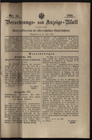 Verordnungs- und Anzeige-Blatt der k.k. General-Direction der österr. Staatsbahnen 18850614 Seite: 1