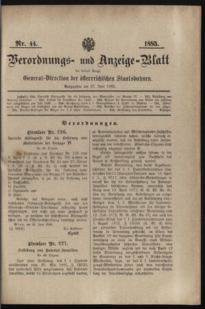 Verordnungs- und Anzeige-Blatt der k.k. General-Direction der österr. Staatsbahnen 18850627 Seite: 1