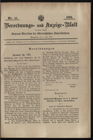 Verordnungs- und Anzeige-Blatt der k.k. General-Direction der österr. Staatsbahnen 18850704 Seite: 1