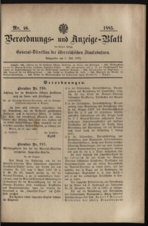 Verordnungs- und Anzeige-Blatt der k.k. General-Direction der österr. Staatsbahnen 18850705 Seite: 1