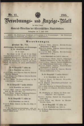 Verordnungs- und Anzeige-Blatt der k.k. General-Direction der österr. Staatsbahnen 18850707 Seite: 1