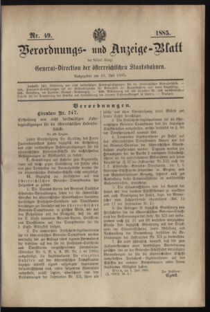 Verordnungs- und Anzeige-Blatt der k.k. General-Direction der österr. Staatsbahnen 18850710 Seite: 1