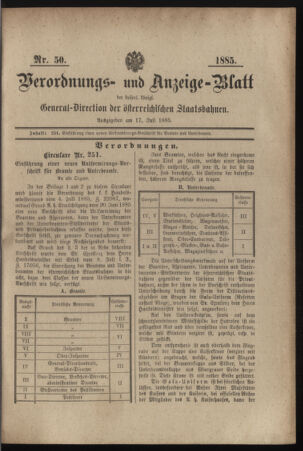 Verordnungs- und Anzeige-Blatt der k.k. General-Direction der österr. Staatsbahnen 18850717 Seite: 1