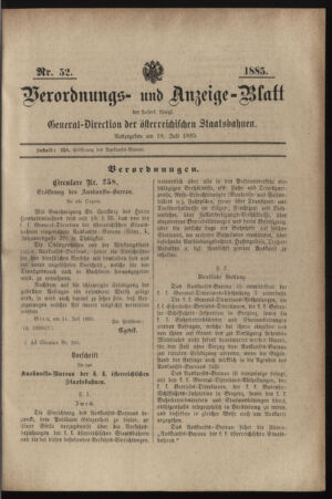 Verordnungs- und Anzeige-Blatt der k.k. General-Direction der österr. Staatsbahnen 18850718 Seite: 1