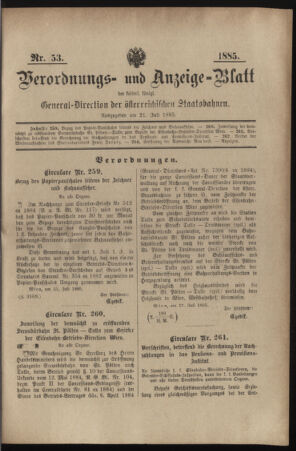 Verordnungs- und Anzeige-Blatt der k.k. General-Direction der österr. Staatsbahnen 18850721 Seite: 1