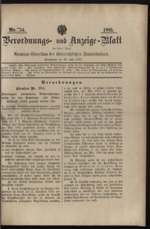 Verordnungs- und Anzeige-Blatt der k.k. General-Direction der österr. Staatsbahnen 18850725 Seite: 1