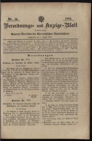 Verordnungs- und Anzeige-Blatt der k.k. General-Direction der österr. Staatsbahnen 18850801 Seite: 1