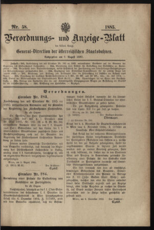 Verordnungs- und Anzeige-Blatt der k.k. General-Direction der österr. Staatsbahnen 18850808 Seite: 1