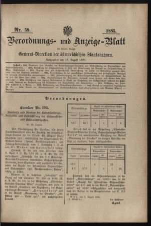 Verordnungs- und Anzeige-Blatt der k.k. General-Direction der österr. Staatsbahnen 18850814 Seite: 1