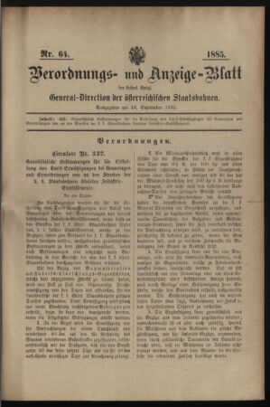 Verordnungs- und Anzeige-Blatt der k.k. General-Direction der österr. Staatsbahnen 18850916 Seite: 1