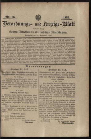 Verordnungs- und Anzeige-Blatt der k.k. General-Direction der österr. Staatsbahnen 18850925 Seite: 1