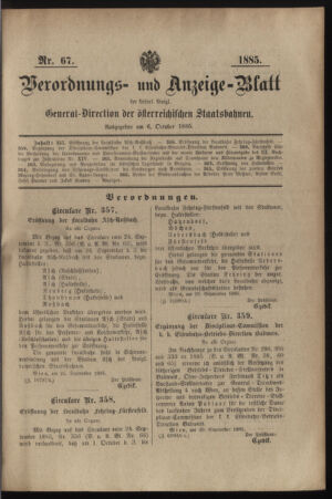 Verordnungs- und Anzeige-Blatt der k.k. General-Direction der österr. Staatsbahnen 18851006 Seite: 1