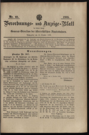 Verordnungs- und Anzeige-Blatt der k.k. General-Direction der österr. Staatsbahnen 18851013 Seite: 1