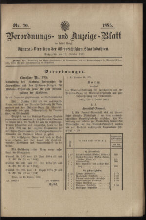 Verordnungs- und Anzeige-Blatt der k.k. General-Direction der österr. Staatsbahnen 18851019 Seite: 1