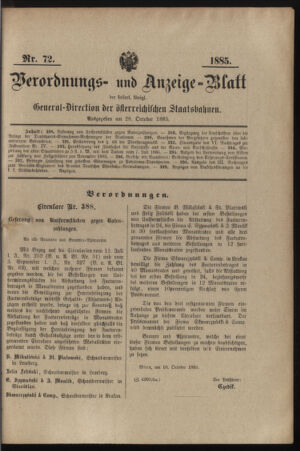 Verordnungs- und Anzeige-Blatt der k.k. General-Direction der österr. Staatsbahnen 18851028 Seite: 1