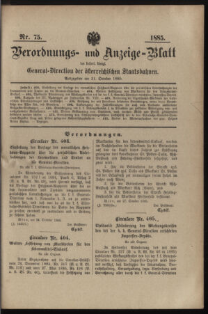 Verordnungs- und Anzeige-Blatt der k.k. General-Direction der österr. Staatsbahnen 18851031 Seite: 1