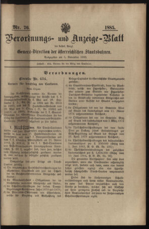 Verordnungs- und Anzeige-Blatt der k.k. General-Direction der österr. Staatsbahnen 18851105 Seite: 1