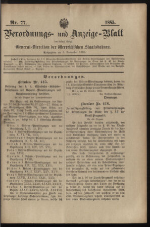 Verordnungs- und Anzeige-Blatt der k.k. General-Direction der österr. Staatsbahnen 18851109 Seite: 1