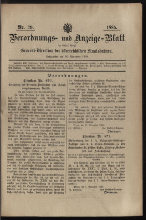 Verordnungs- und Anzeige-Blatt der k.k. General-Direction der österr. Staatsbahnen 18851116 Seite: 1