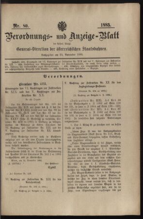 Verordnungs- und Anzeige-Blatt der k.k. General-Direction der österr. Staatsbahnen 18851123 Seite: 1