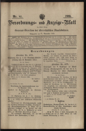 Verordnungs- und Anzeige-Blatt der k.k. General-Direction der österr. Staatsbahnen 18851127 Seite: 1