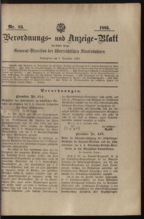 Verordnungs- und Anzeige-Blatt der k.k. General-Direction der österr. Staatsbahnen 18851206 Seite: 1