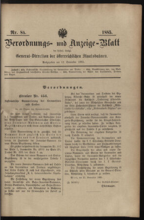 Verordnungs- und Anzeige-Blatt der k.k. General-Direction der österr. Staatsbahnen 18851212 Seite: 1