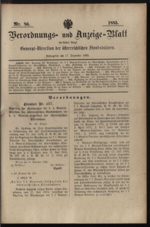 Verordnungs- und Anzeige-Blatt der k.k. General-Direction der österr. Staatsbahnen 18851217 Seite: 1