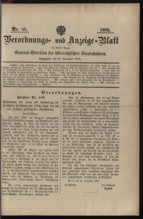 Verordnungs- und Anzeige-Blatt der k.k. General-Direction der österr. Staatsbahnen 18851227 Seite: 1