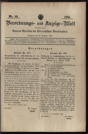 Verordnungs- und Anzeige-Blatt der k.k. General-Direction der österr. Staatsbahnen 18851230 Seite: 1