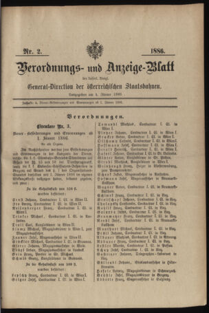 Verordnungs- und Anzeige-Blatt der k.k. General-Direction der österr. Staatsbahnen 18860104 Seite: 1