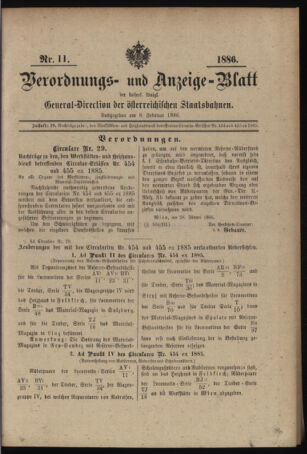 Verordnungs- und Anzeige-Blatt der k.k. General-Direction der österr. Staatsbahnen 18860208 Seite: 1