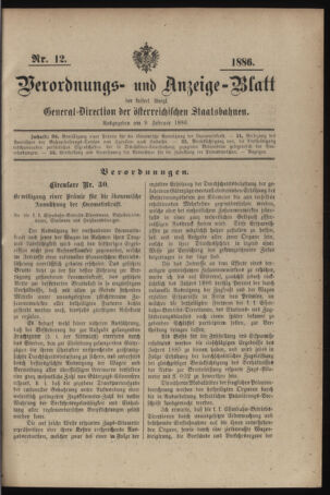 Verordnungs- und Anzeige-Blatt der k.k. General-Direction der österr. Staatsbahnen 18860209 Seite: 1