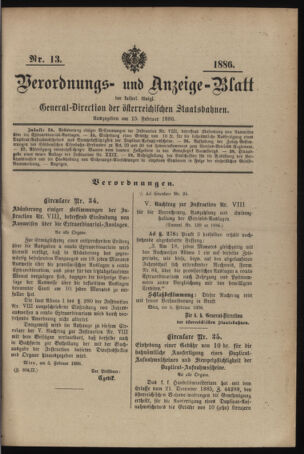 Verordnungs- und Anzeige-Blatt der k.k. General-Direction der österr. Staatsbahnen 18860215 Seite: 1