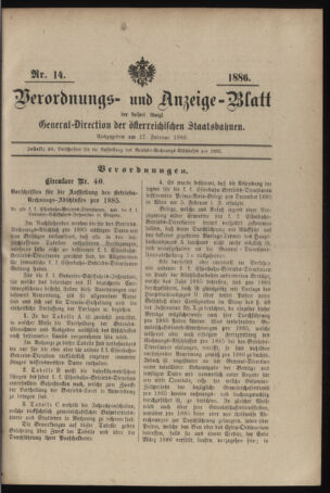 Verordnungs- und Anzeige-Blatt der k.k. General-Direction der österr. Staatsbahnen 18860217 Seite: 1