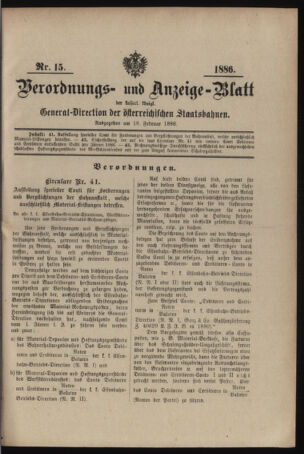 Verordnungs- und Anzeige-Blatt der k.k. General-Direction der österr. Staatsbahnen 18860218 Seite: 1