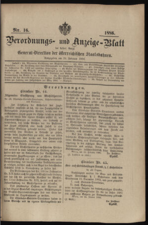 Verordnungs- und Anzeige-Blatt der k.k. General-Direction der österr. Staatsbahnen 18860224 Seite: 1