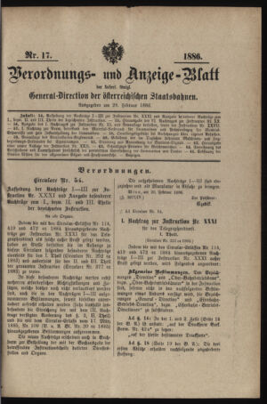 Verordnungs- und Anzeige-Blatt der k.k. General-Direction der österr. Staatsbahnen 18860228 Seite: 1