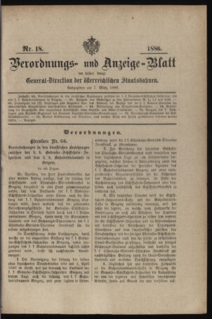 Verordnungs- und Anzeige-Blatt der k.k. General-Direction der österr. Staatsbahnen 18860307 Seite: 1