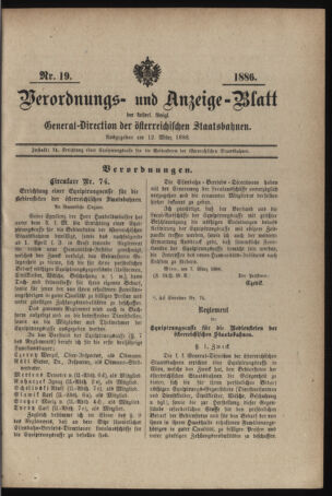 Verordnungs- und Anzeige-Blatt der k.k. General-Direction der österr. Staatsbahnen 18860312 Seite: 1