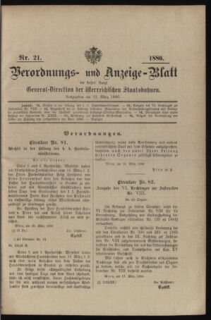 Verordnungs- und Anzeige-Blatt der k.k. General-Direction der österr. Staatsbahnen 18860323 Seite: 1