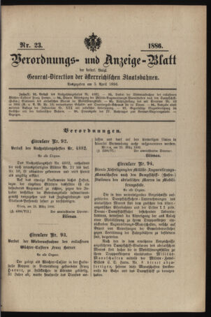 Verordnungs- und Anzeige-Blatt der k.k. General-Direction der österr. Staatsbahnen 18860405 Seite: 1