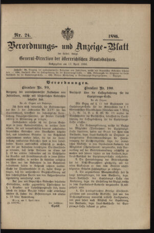 Verordnungs- und Anzeige-Blatt der k.k. General-Direction der österr. Staatsbahnen 18860413 Seite: 1