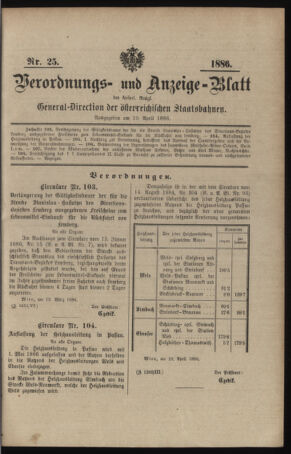 Verordnungs- und Anzeige-Blatt der k.k. General-Direction der österr. Staatsbahnen 18860419 Seite: 1