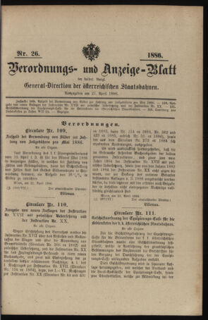 Verordnungs- und Anzeige-Blatt der k.k. General-Direction der österr. Staatsbahnen 18860427 Seite: 1