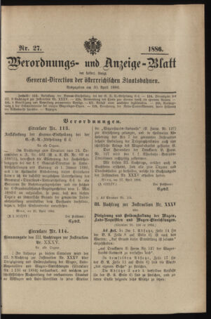 Verordnungs- und Anzeige-Blatt der k.k. General-Direction der österr. Staatsbahnen 18860430 Seite: 1