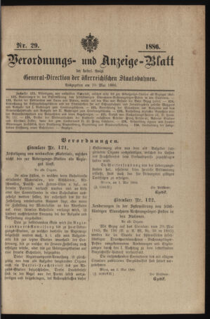 Verordnungs- und Anzeige-Blatt der k.k. General-Direction der österr. Staatsbahnen 18860510 Seite: 1