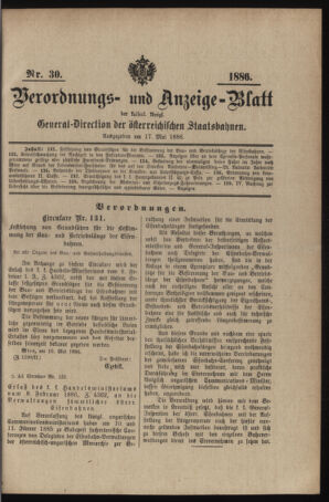 Verordnungs- und Anzeige-Blatt der k.k. General-Direction der österr. Staatsbahnen 18860517 Seite: 1